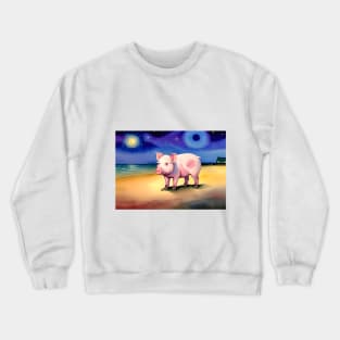 Pig on a beach at night Crewneck Sweatshirt